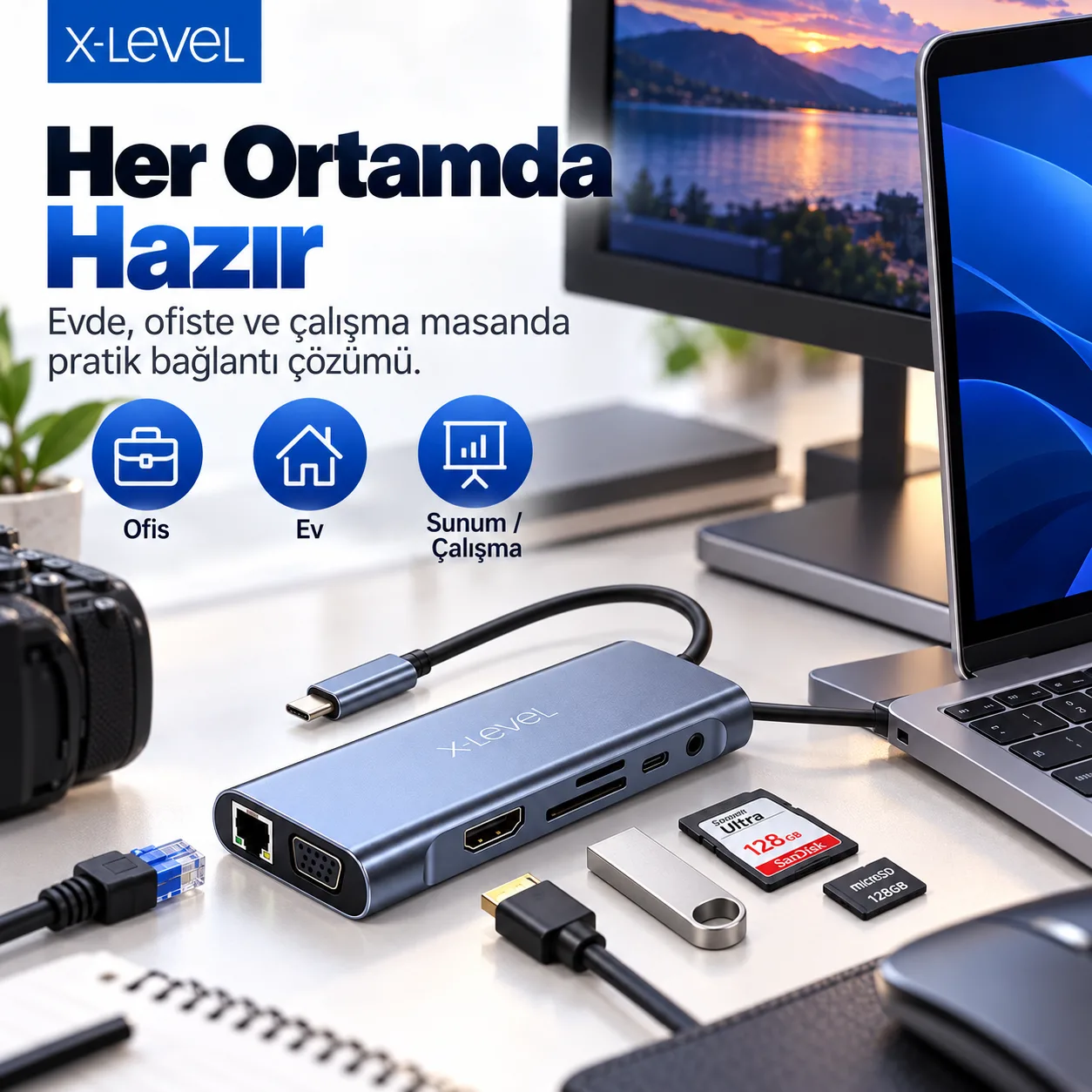 X-Level X-MultiDock 11'i 1 Arada USB-C Hub – 4K HDMI, Gigabit Ethernet, USB 3.0, VGA ve Kart Okuyucu