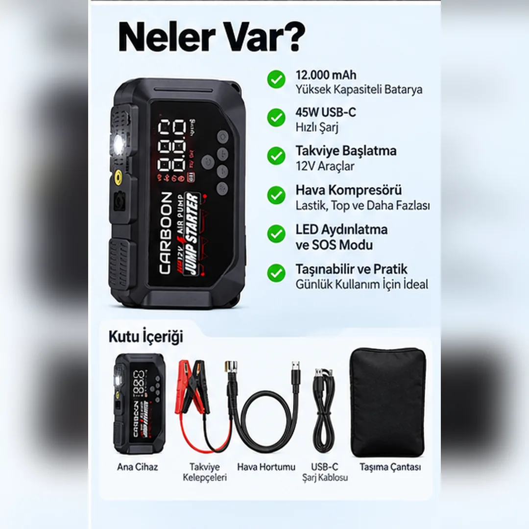 Carboon CAR-78 Jump Starter ve Hava Kompresörü – 12.000 mAh Akü Takviye, 45W USB-C ve Dijital Lastik Şişirme