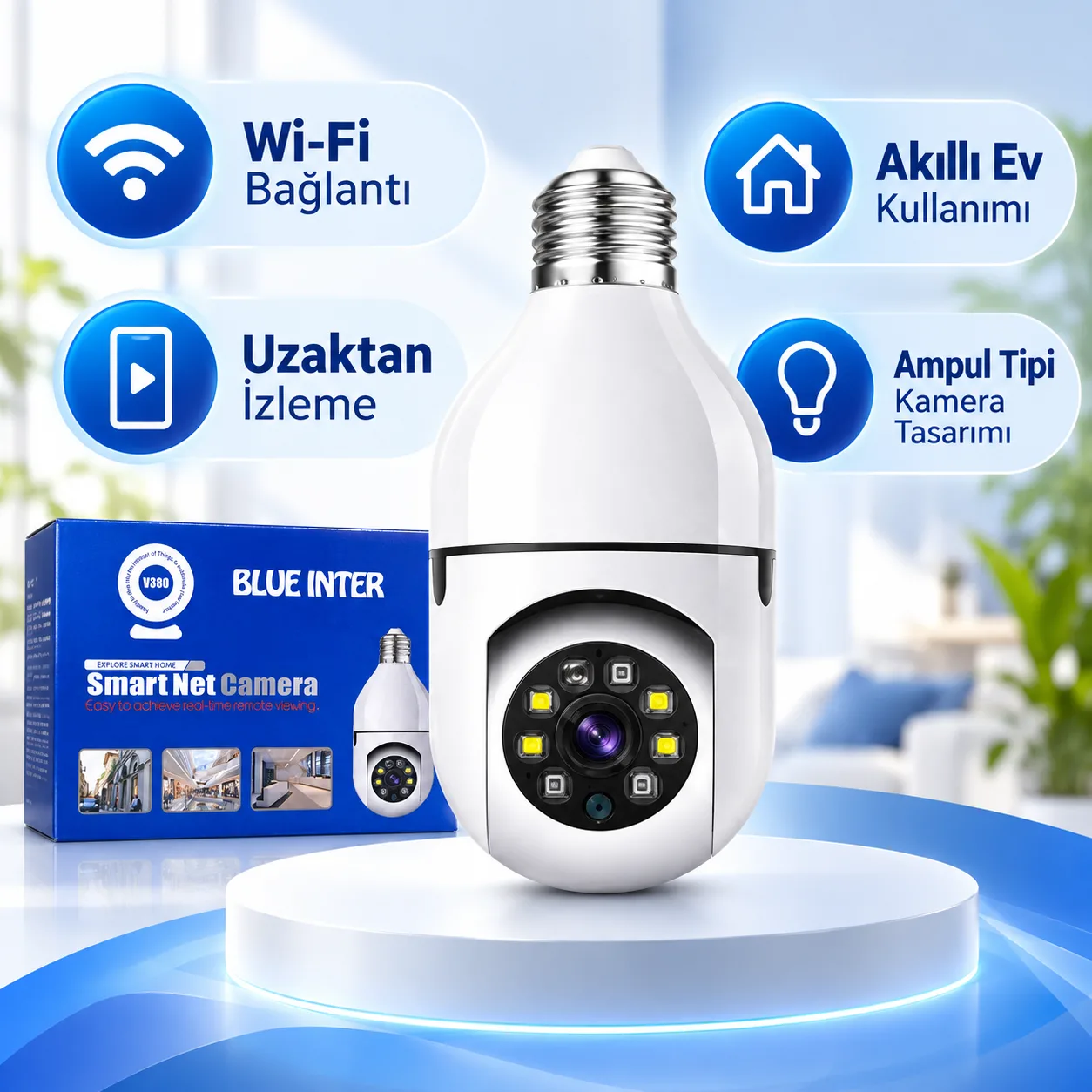 1080P Ampul Kamera – WiFi, 360°, Çift Yönlü Ses