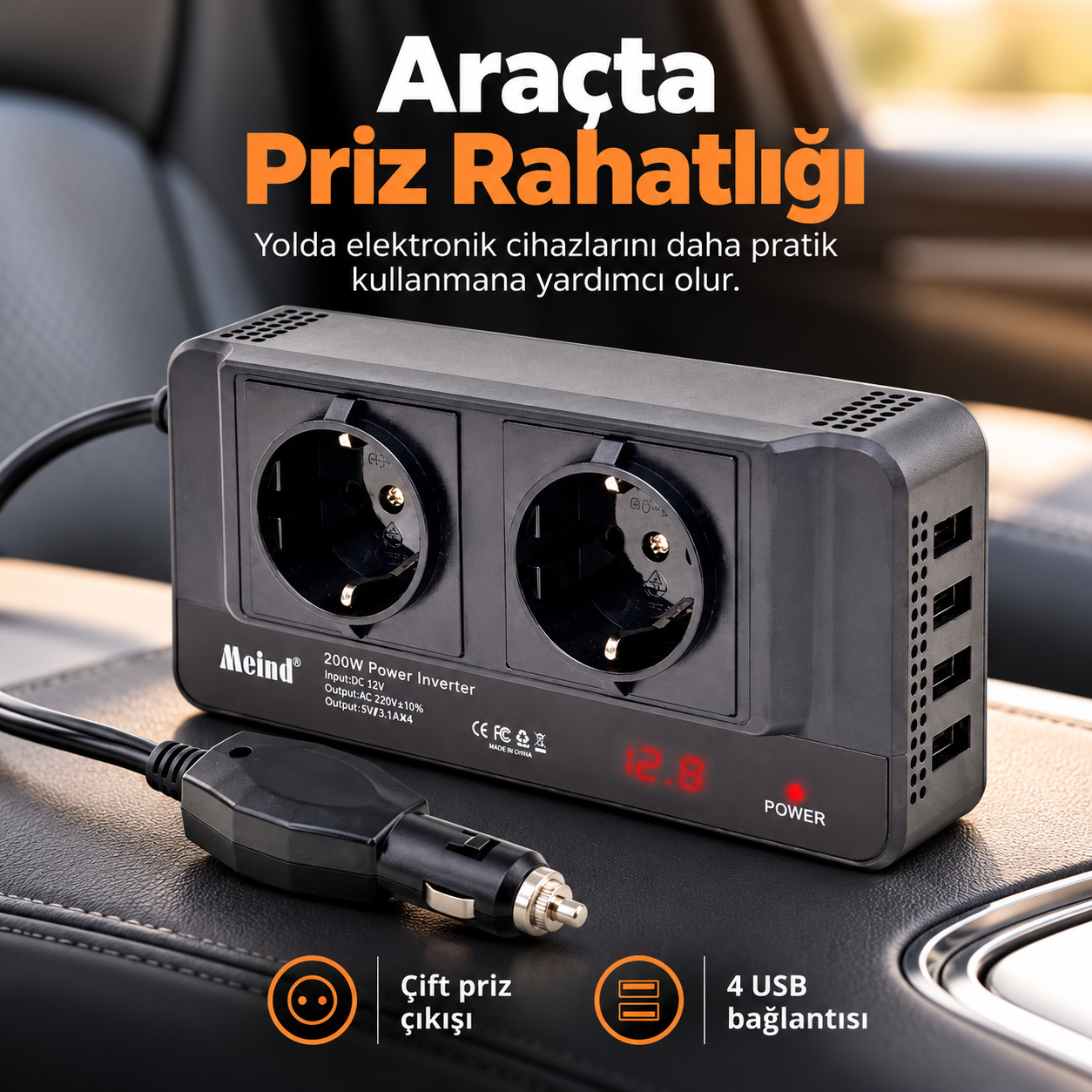 400W Araç İnvertör – 12V 220V Çevirici Araç Çakmaklık , Çift Priz ve 4 USB