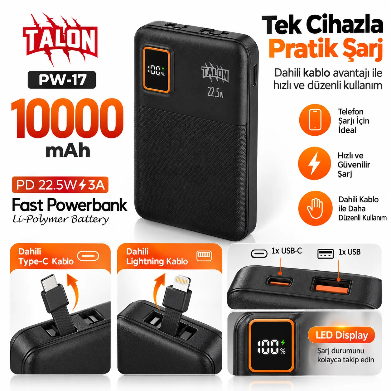 Talon PW-17 10.000 mAh Powerbank – PD 22.5W Hızlı Şarj, Dahili Type-C ve Lightning Kablolu
