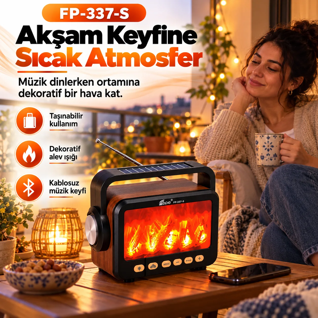 FP-337-S Kablosuz Bluetooth Hoparlör – Alev Efektli, Solar Şarjlı, FM Radyolu ve USB/TF Kart Destekli