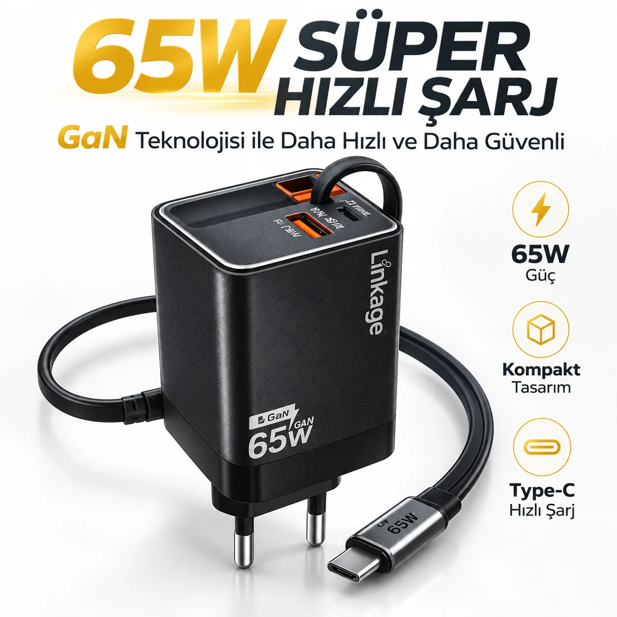 65W GaN Hızlı Şarj Adaptörü – Type-C PD, USB