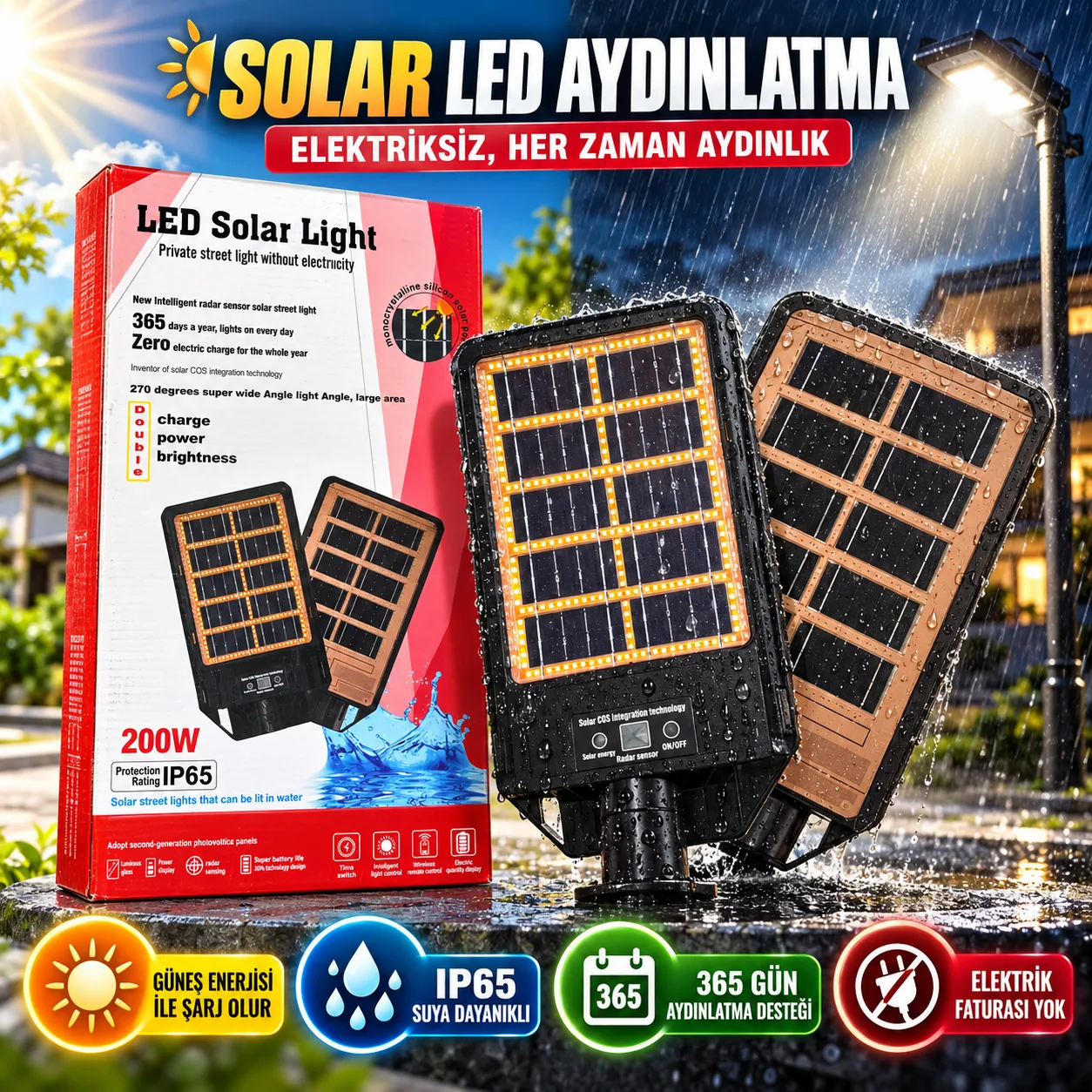 200W Güneş Enerjili LED Solar Sokak Lambası – IP65, Sensörlü ve Kumandalı Dış Mekan Aydınlatma