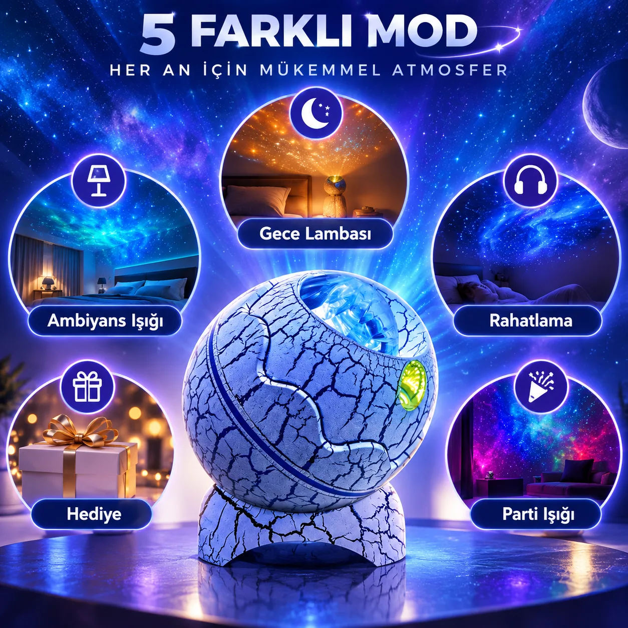 Galaxy Nightlight Projector – Galaksi Projeksiyonlu Gece Lambası, Dahili Hoparlör ve Uyku Modu