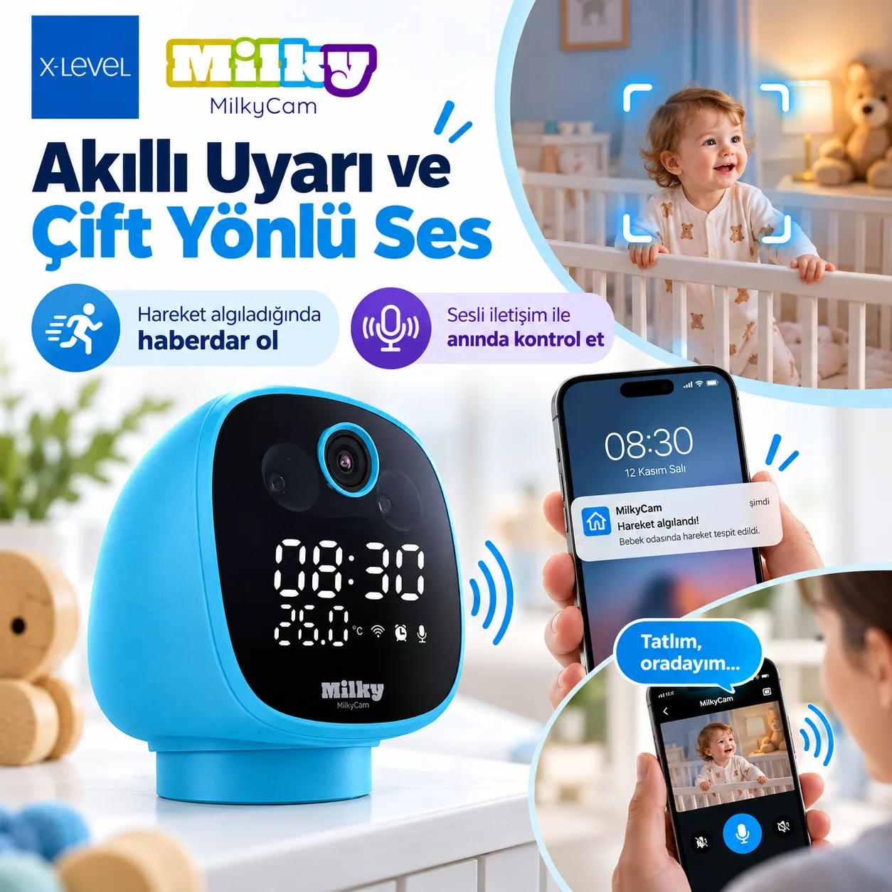 X-Level MilkyCam Akıllı Bebek Kamerası – WiFi, Hareket Sensörü, Çift Yönlü Ses ve Mobil Uygulama