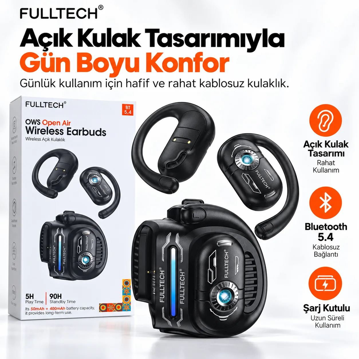 Fulltech OWS Open Air Kablosuz Kulaklık – Bluetooth 5.4, Açık Kulak Tasarımı ve Şarj Kutusu