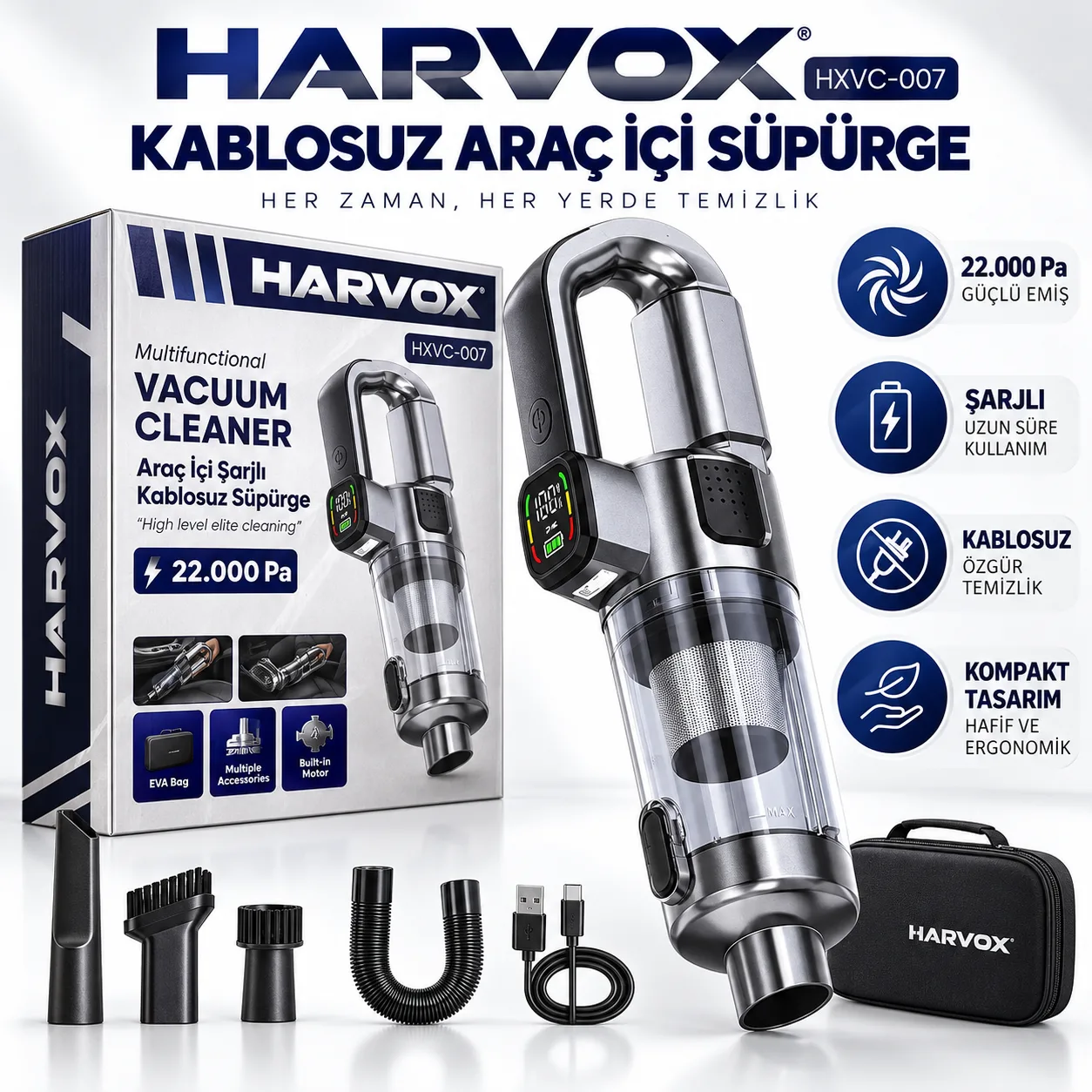 Harvox HXVC-007 Kablosuz Araç İçi Süpürge – 22.000 Pa Güçlü Emiş, Şarjlı ve Çok Başlıklı