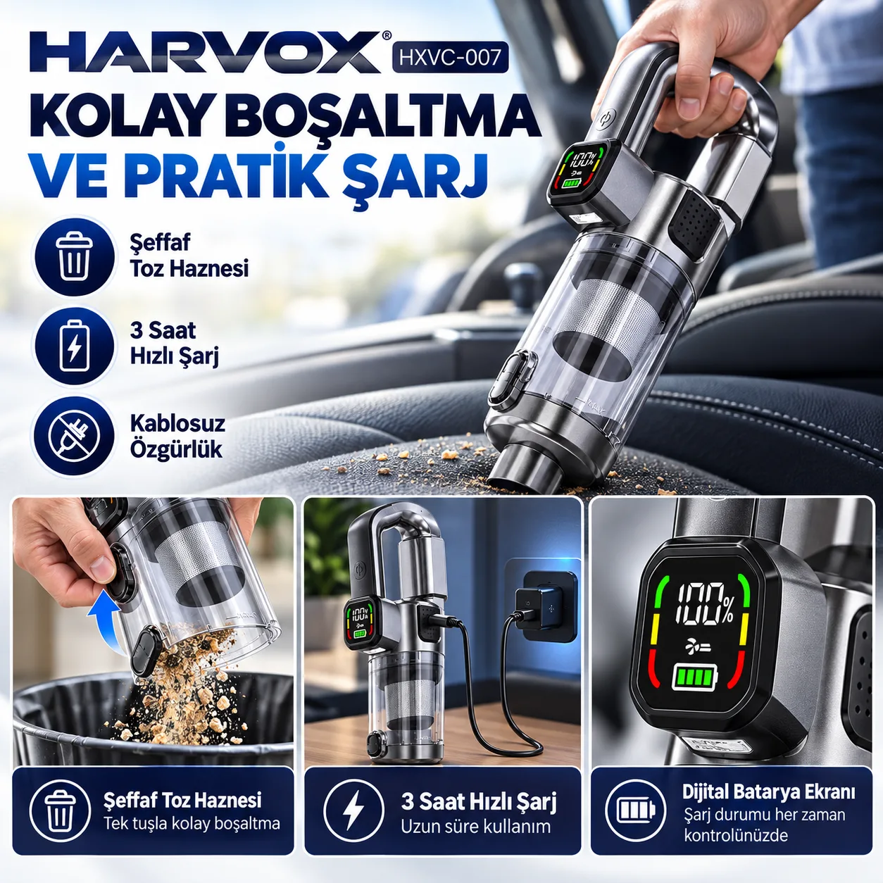 Harvox HXVC-007 Kablosuz Araç İçi Süpürge – 22.000 Pa Güçlü Emiş, Şarjlı ve Çok Başlıklı
