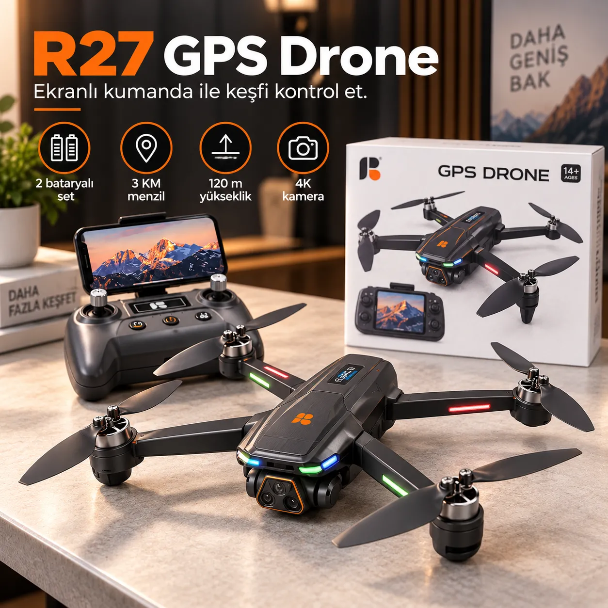 R27 GPS Ultra Drone – 4K, 3 KM, Ekranlı Kumanda