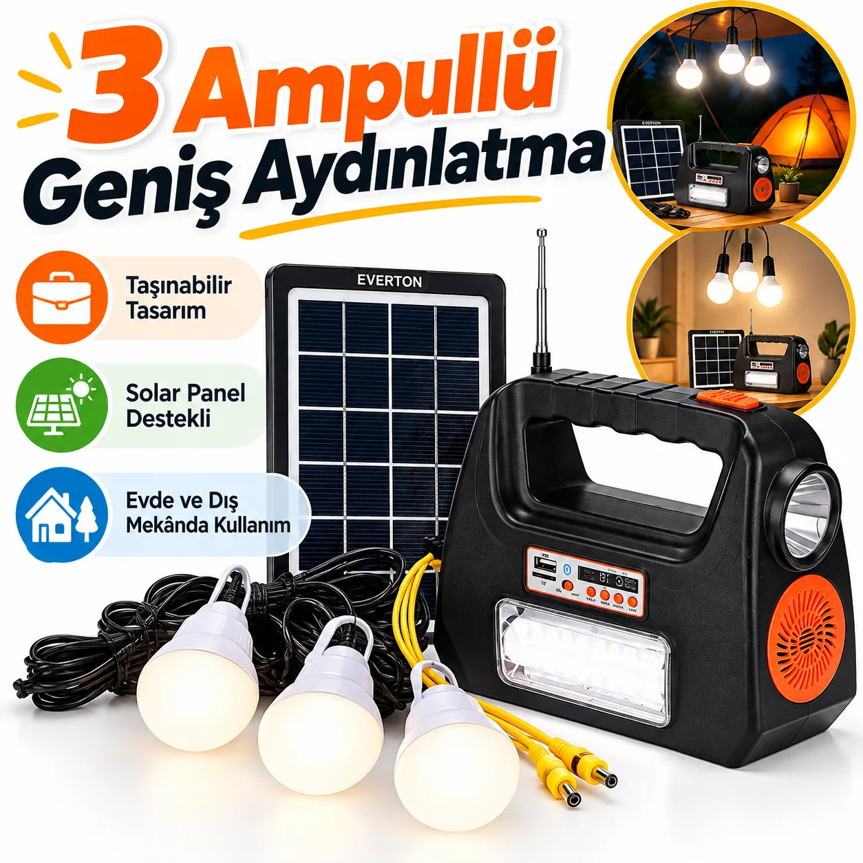 Everton RT-901BT Solar Aydınlatma Sistemi – Güneş Panelli, 3 Ampullü Taşınabilir Kamp Işığı