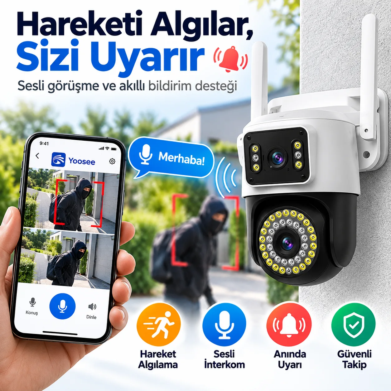Yoosee WiFi Akıllı Güvenlik Kamerası – Çift Kameralı, 320° Döner, Gece Görüşlü Dış Mekan Kamera