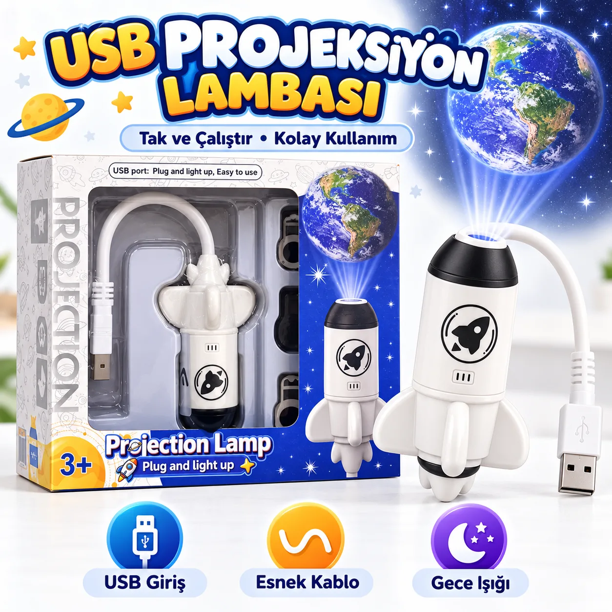 USB Roket Projeksiyon Lambası – Dünya Yansıtmalı Esnek Gece Işığı