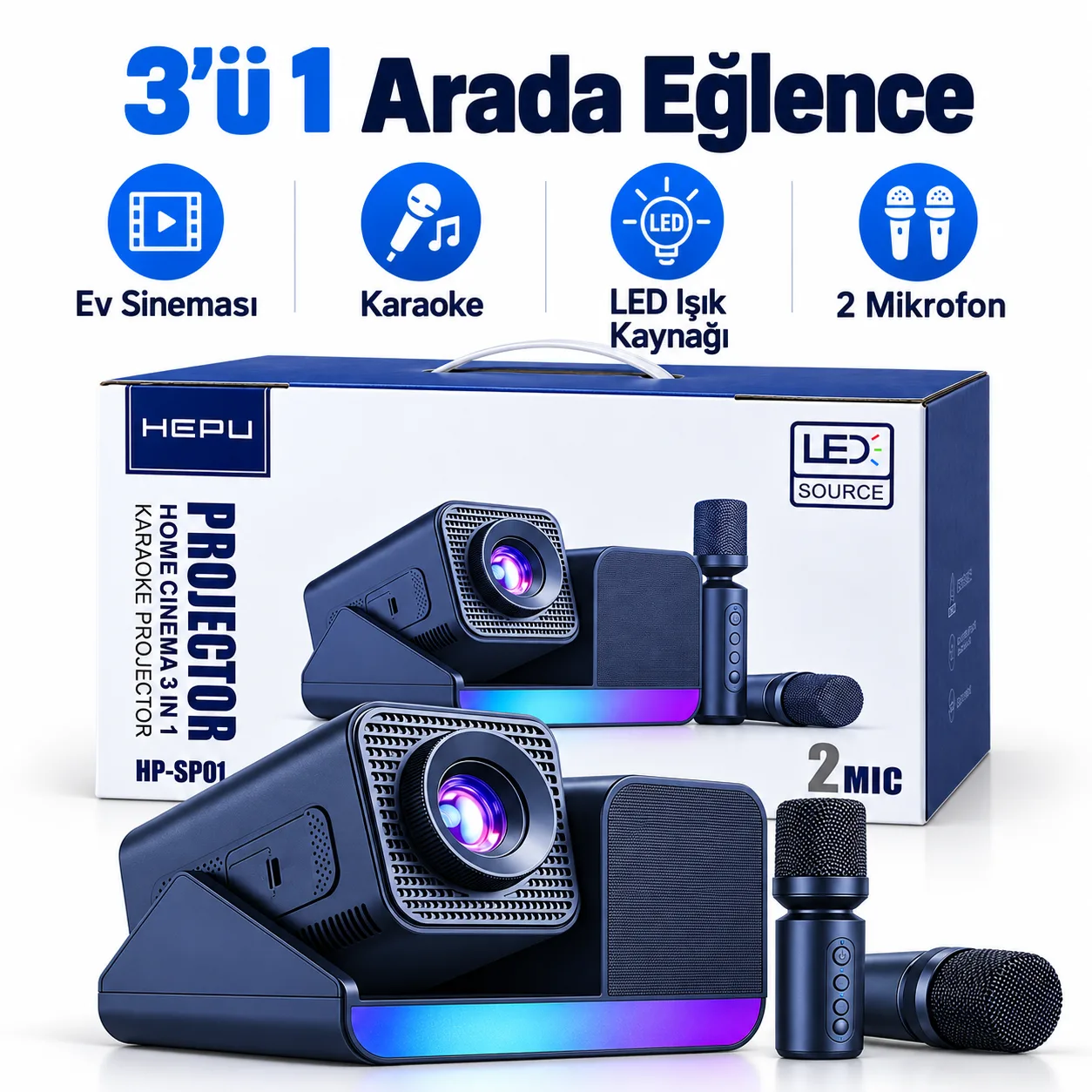 HEPU HP-SP01 Karaoke Projektör – 2 Mikrofonlu 3'ü 1 Arada Ev Sinema Projeksiyon Cihazı