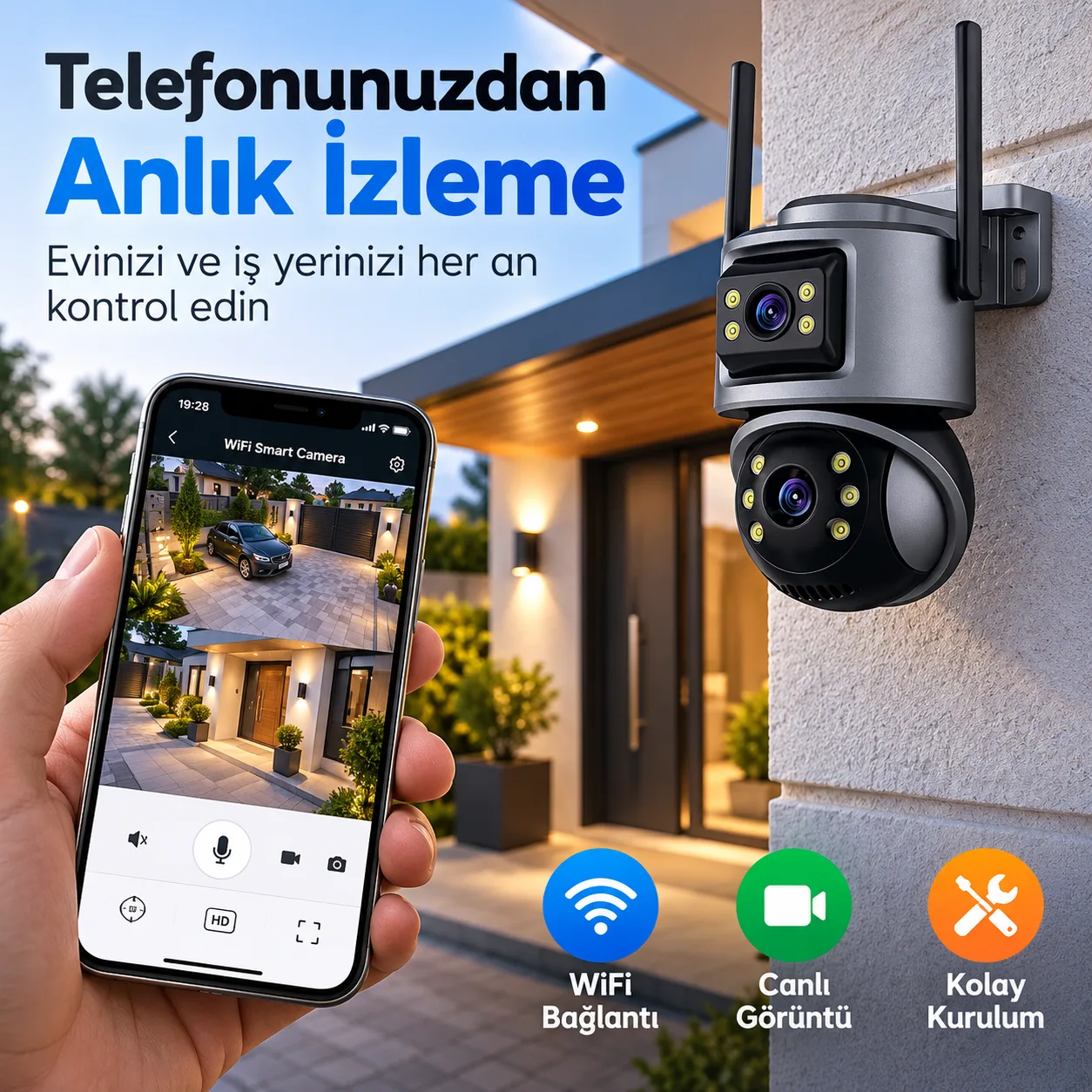 Çift Lens WiFi Akıllı Güvenlik Kamerası – Gece Görüşlü, Telefondan Canlı İzleme