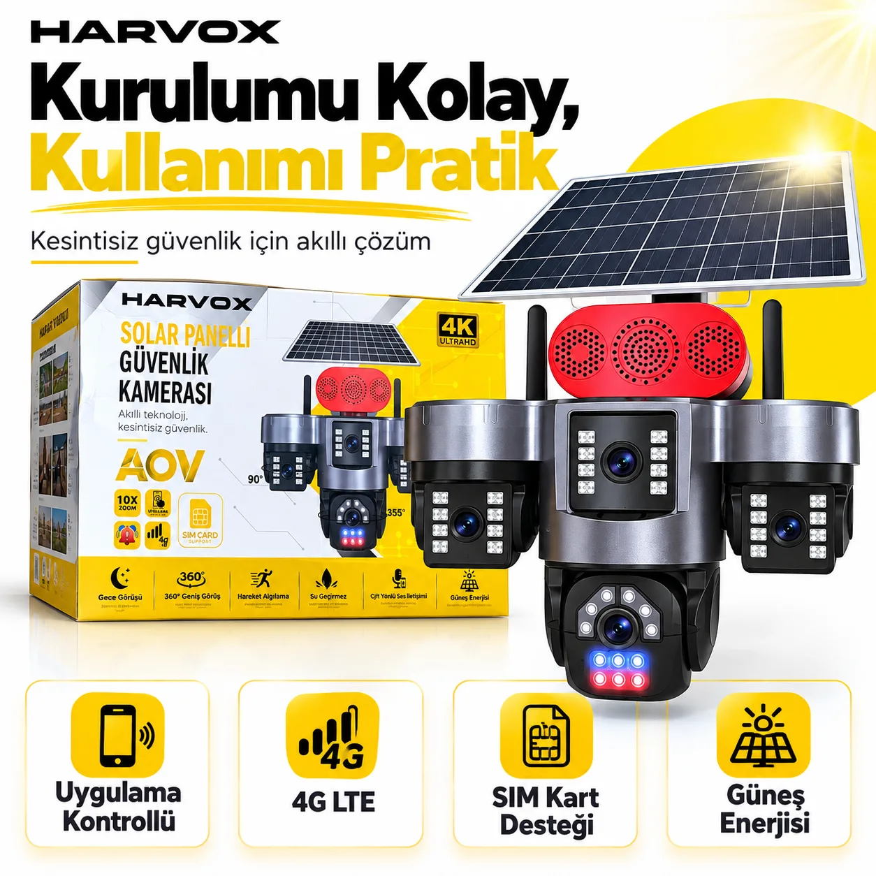 Harvox 4K AOV Solar Panelli Güvenlik Kamerası – 4G SIM Kartlı, 10X Zoom ve 360° Görüş