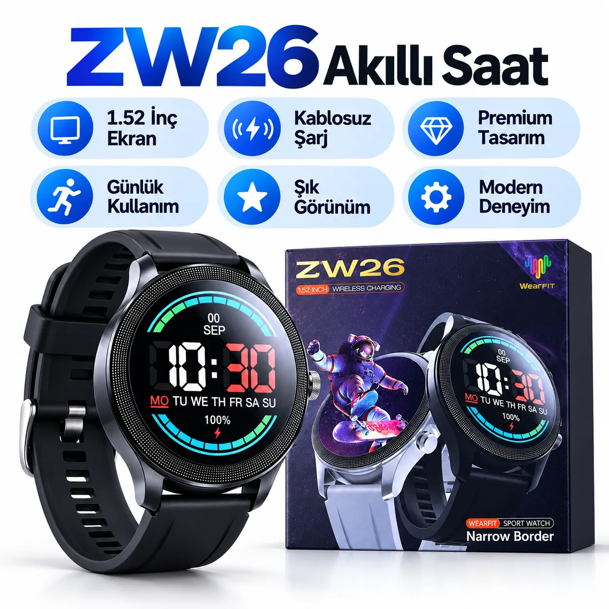 ZW26 Akıllı Saat – 1.52 İnç Geniş Ekran, Kablosuz Şarj ve WearFit Desteği