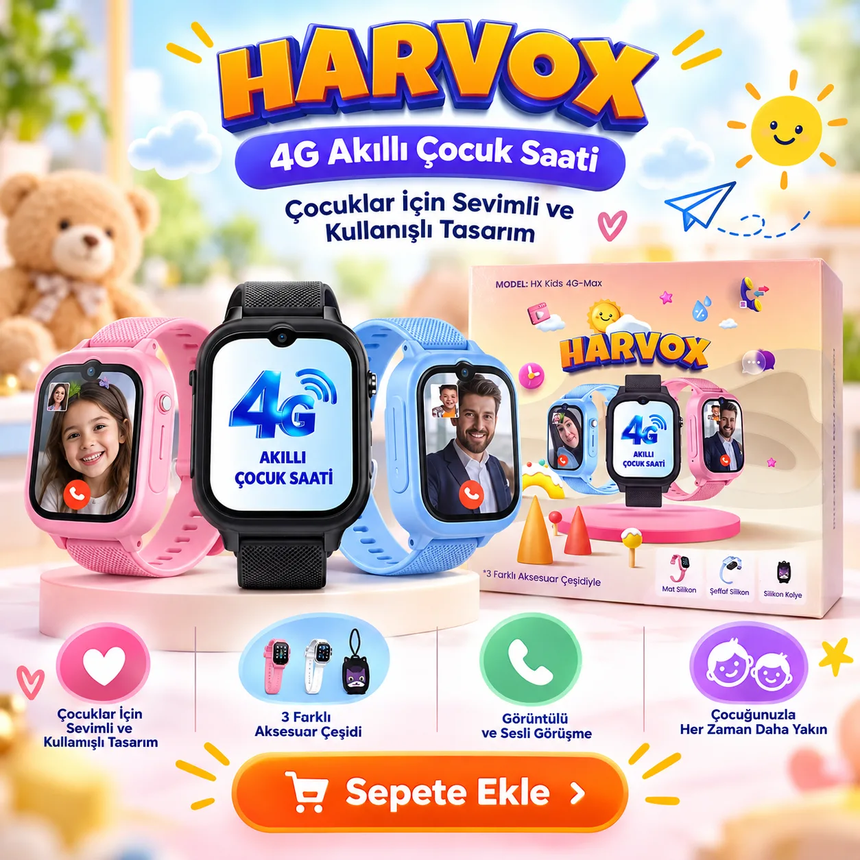 Harvox HX Kids 4G-Max Akıllı Çocuk Saati – 4G Görüntülü Görüşme ve 3 Aksesuar Seçenekli
