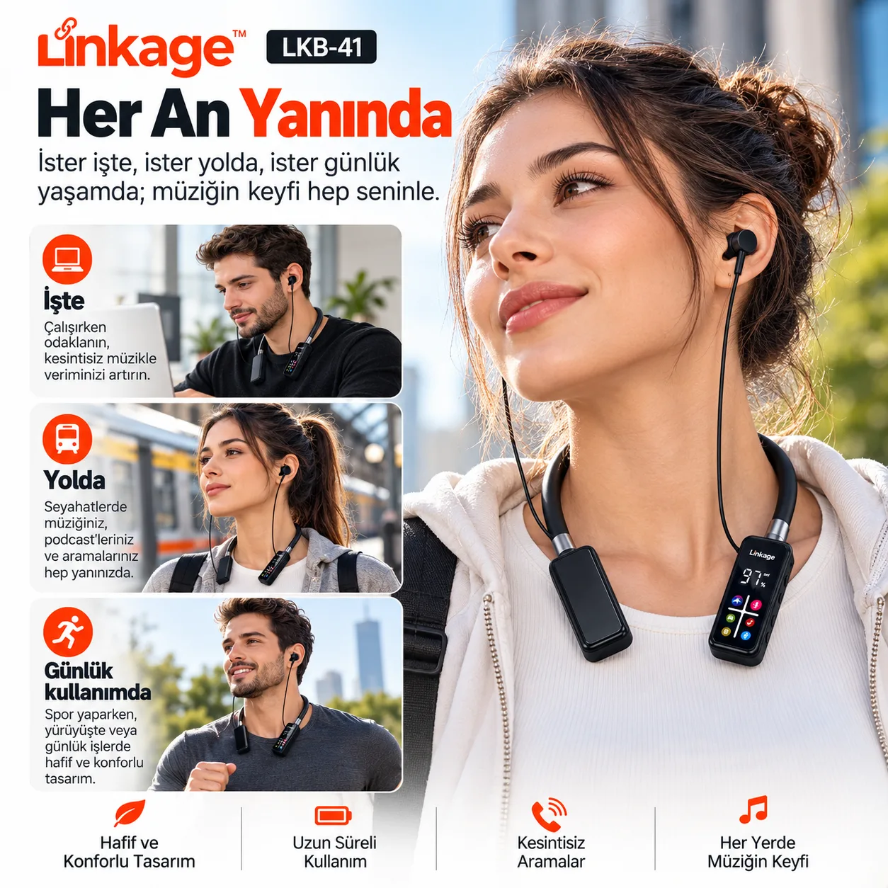Linkage LKB-41 Boyunluk Bluetooth Kulaklık – Bluetooth 5.4, ENC Gürültü Azaltma ve Hafıza Kartı Destekli