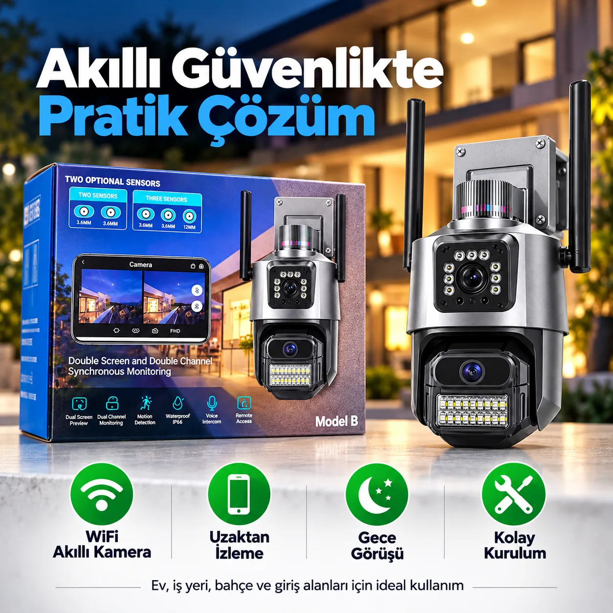 Model B Çift Lens WiFi Akıllı Güvenlik Kamerası – IP66, Gece Görüşlü ve Hareket Algılamalı