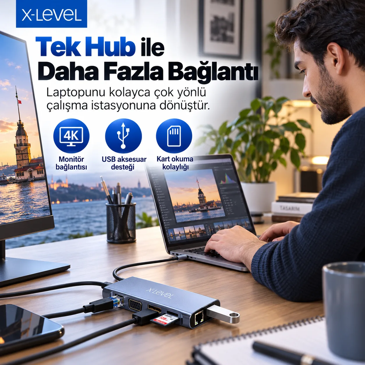 X-Level X-MultiDock 11'i 1 Arada USB-C Hub – 4K HDMI, Gigabit Ethernet, USB 3.0, VGA ve Kart Okuyucu