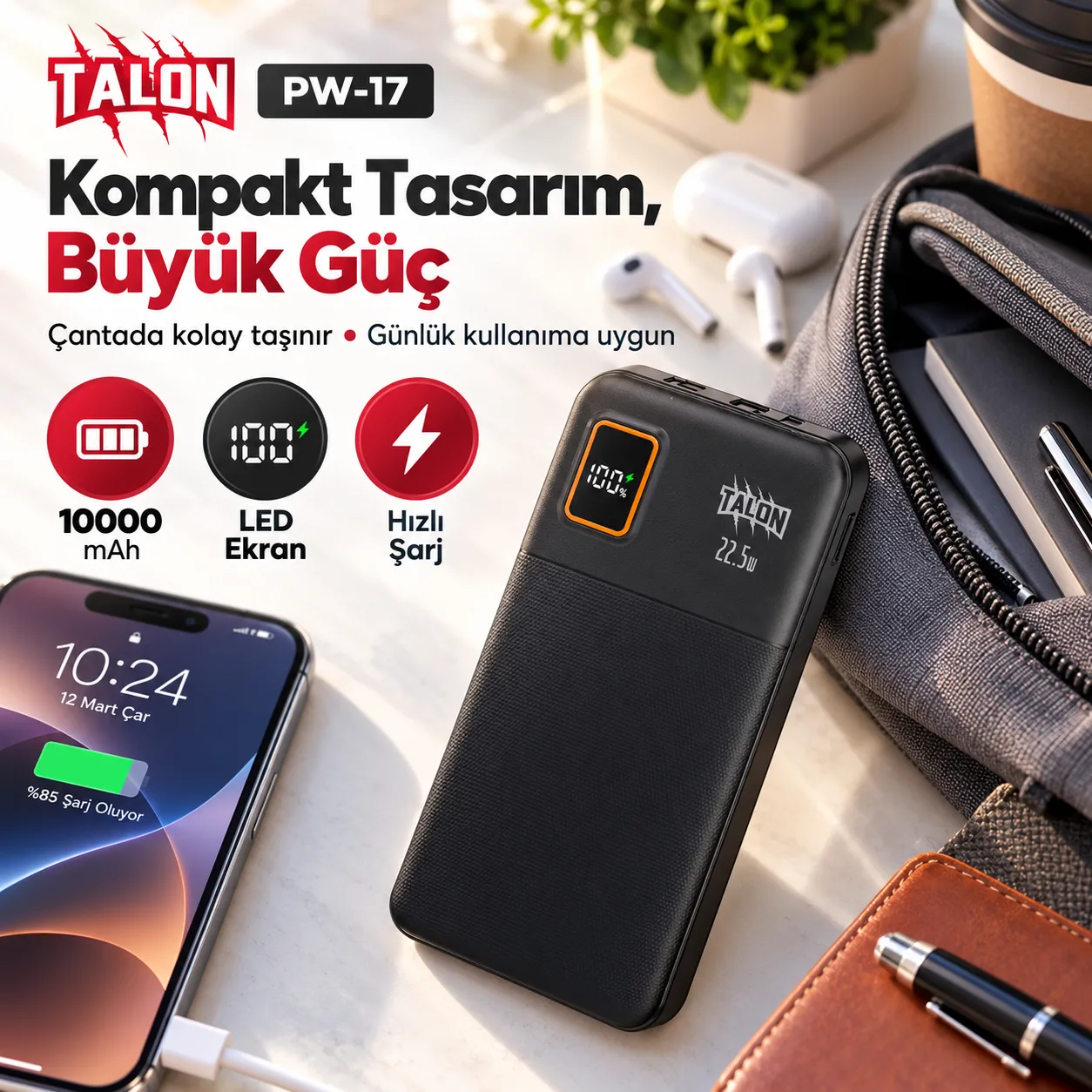 Talon PW-17 10.000 mAh Powerbank – PD 22.5W Hızlı Şarj, Dahili Type-C ve Lightning Kablolu