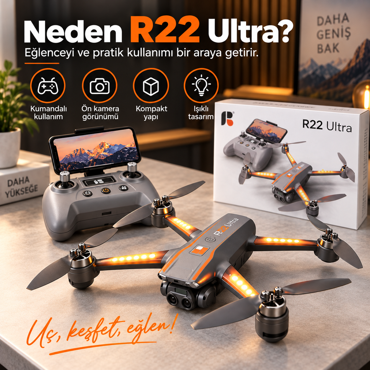 R22 Ultra Kameralı Katlanabilir Drone – Kumandalı LED Işıklı Quadcopter