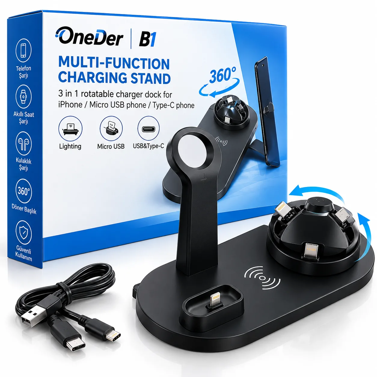 OneDer B1 3'ü 1 Arada Çok Fonksiyonlu Şarj Standı – 360° Döner Lightning, Type-C ve Micro USB