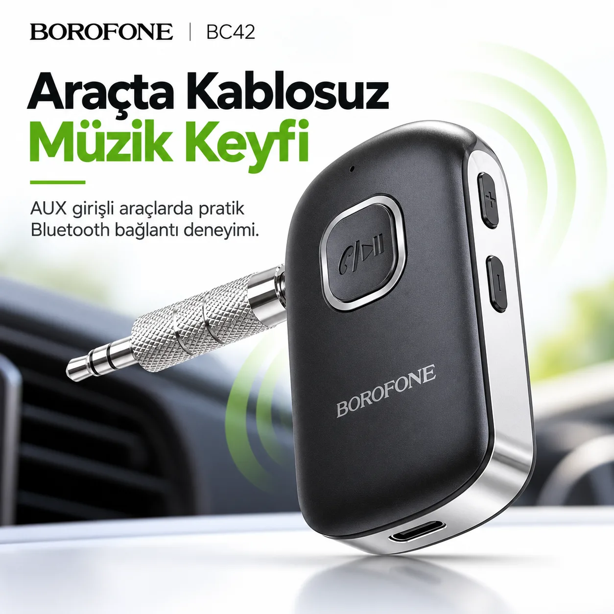 Borofone BC42 Bluetooth 5.0 AUX Araç Adaptörü – Kablosuz Müzik Alıcısı