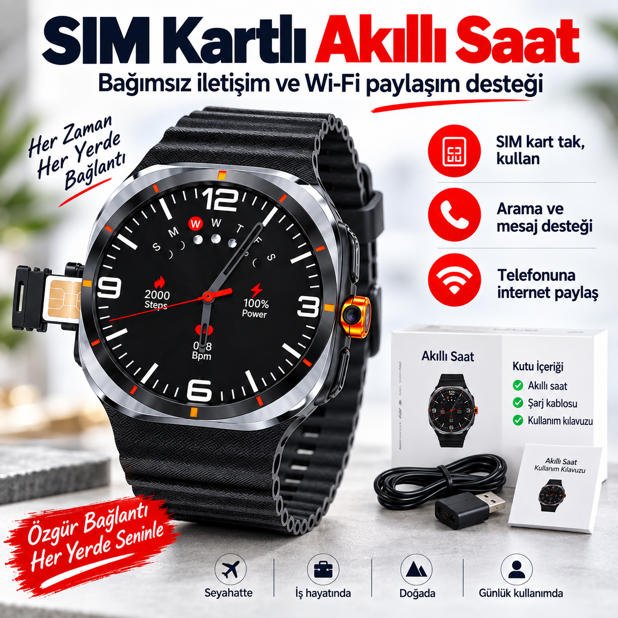 SIM Kartlı Akıllı Saat – Arama, Mesaj ve Wi-Fi İnternet Paylaşımı Yurt Dışı Telefon İçin SIM Kartlı Akıllı Saat