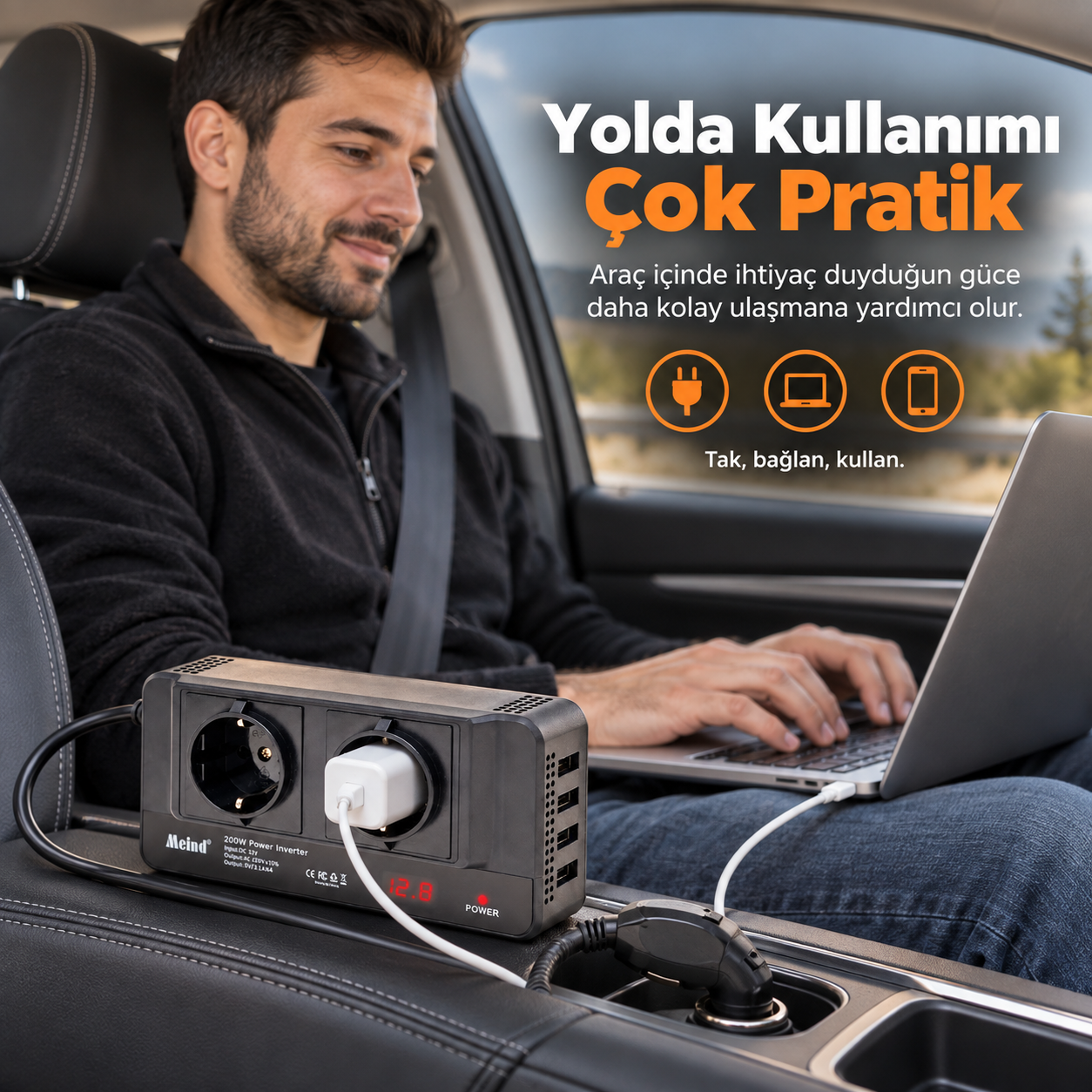 400W Araç İnvertör – 12V 220V Çevirici Araç Çakmaklık , Çift Priz ve 4 USB