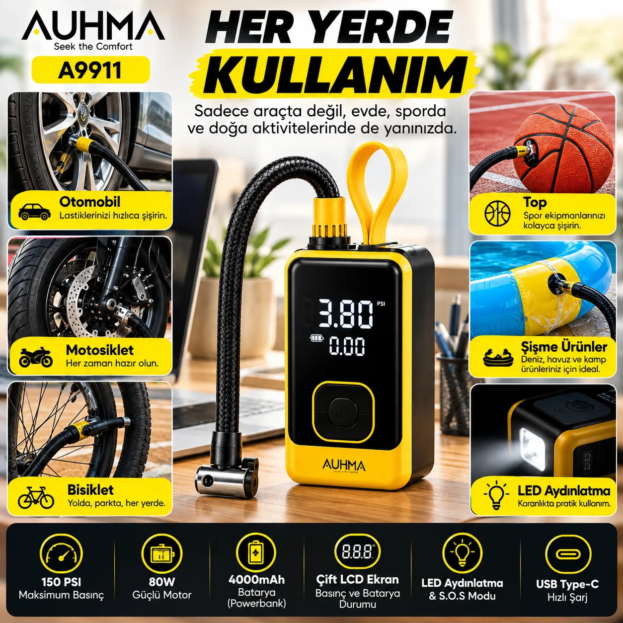 AUHMA A9911 Taşınabilir Dijital Hava Kompresörü – Otomobil, Motosiklet ve Bisiklet Lastik Şişirme Pompası