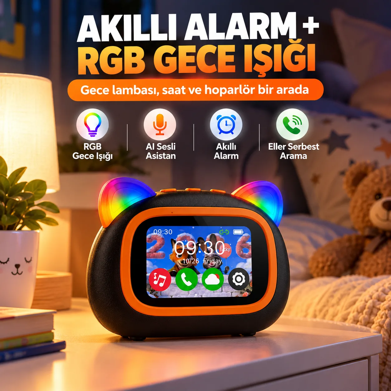 TF39 Pro Akıllı AI Hoparlör – RGB Işık, Sesli Asistan, Akıllı Alarm ve Eller Serbest Arama