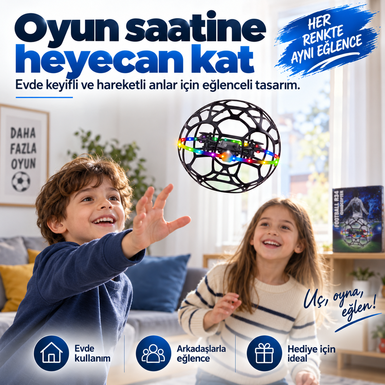 R34 Futbol Topu Tasarımlı Kumandalı Drone – LED Işıklı Koruyucu Kafesli Mini Drone