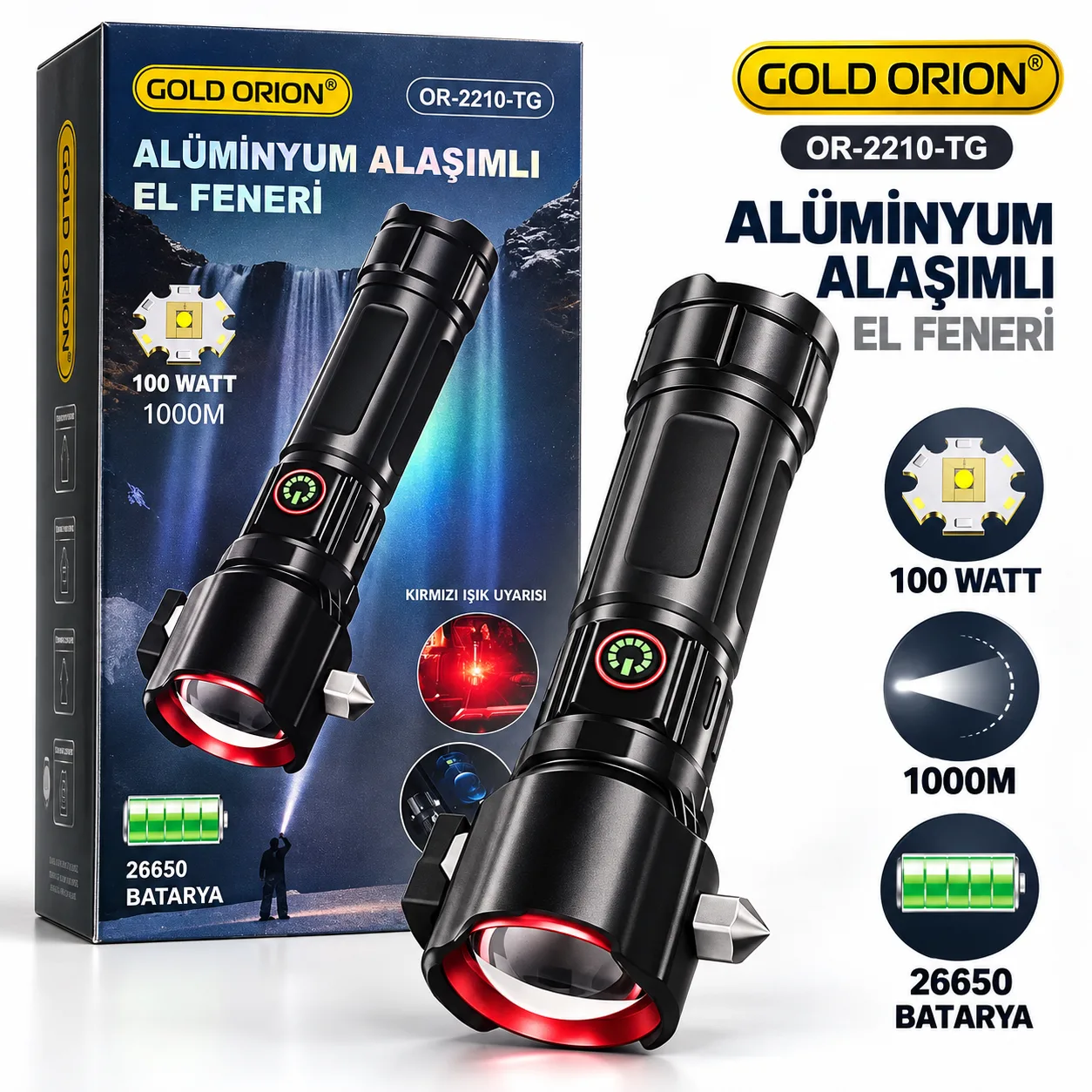 Gold Orion OR-2210-TG 100W Şarjlı El Feneri – 1000 Metre Menzil, Alüminyum Alaşım