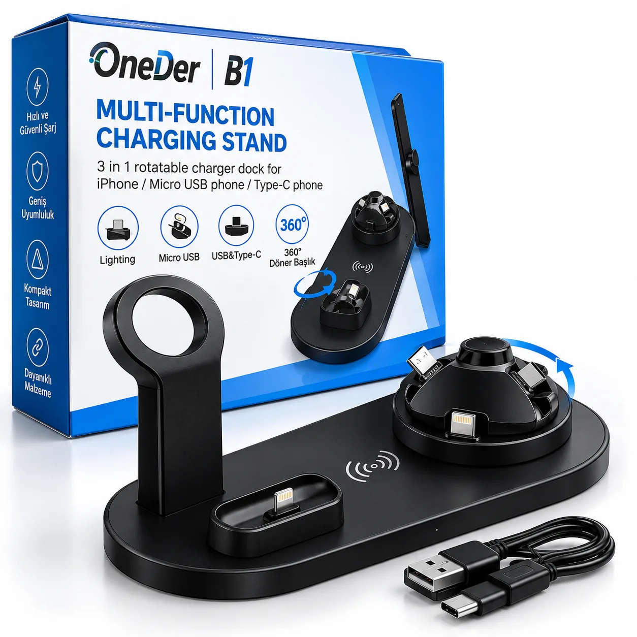 OneDer B1 3'ü 1 Arada Çok Fonksiyonlu Şarj Standı – 360° Döner Lightning, Type-C ve Micro USB