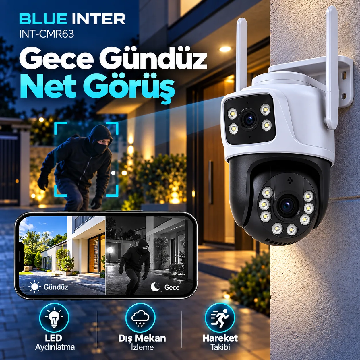 Blue Inter INT-CMR63 360° WiFi Akıllı Güvenlik Kamerası – Çift Kameralı, İnsan Algılamalı ve Gece Görüşlü