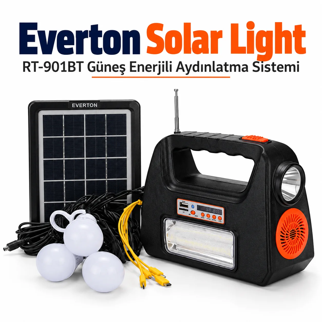 Everton RT-901BT Solar Aydınlatma Sistemi – Güneş Panelli, 3 Ampullü Taşınabilir Kamp Işığı