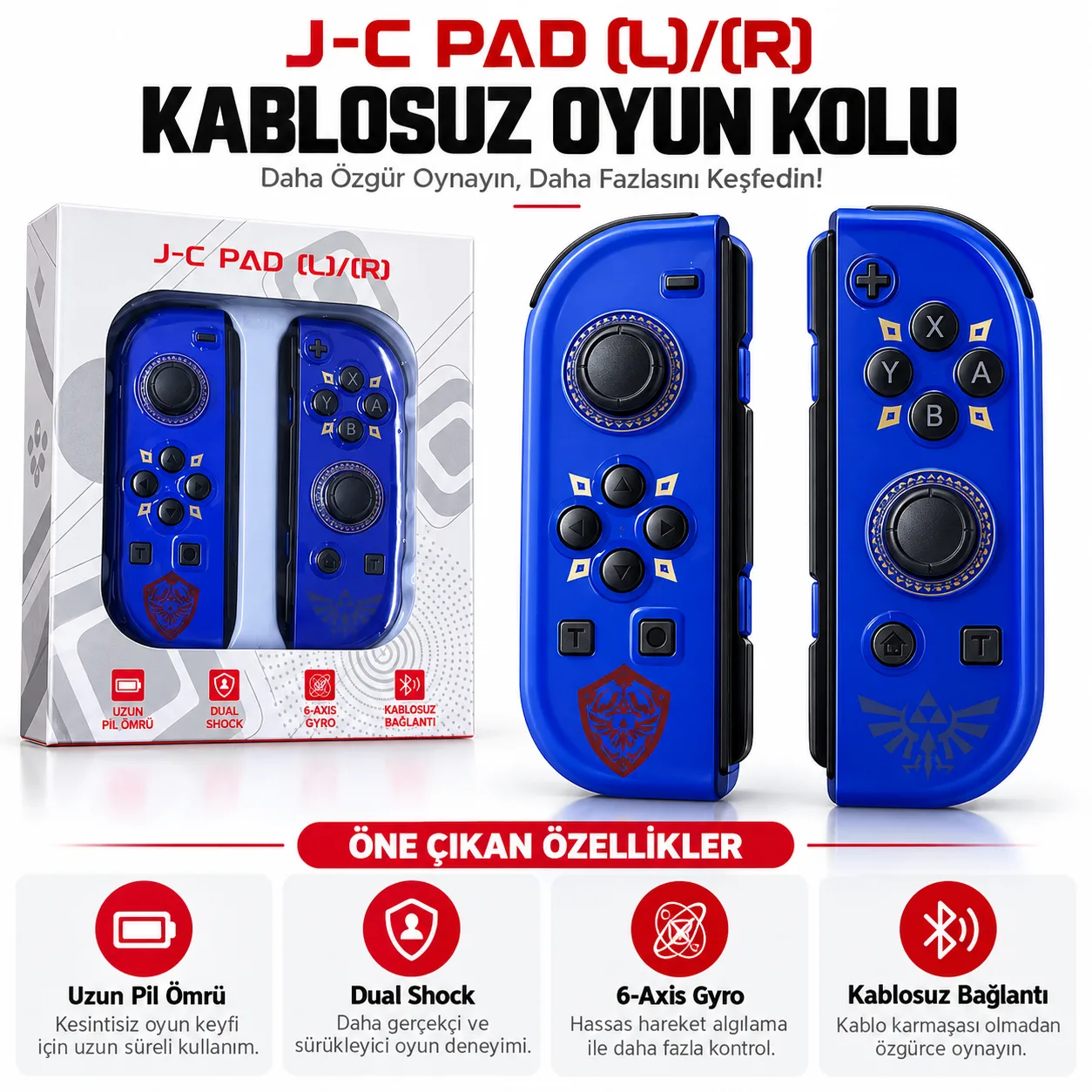 J-C Pad Kablosuz Oyun Kumandası Seti – Sol/Sağ Çift Kontrol, 6 Eksen Gyro ve Titreşim