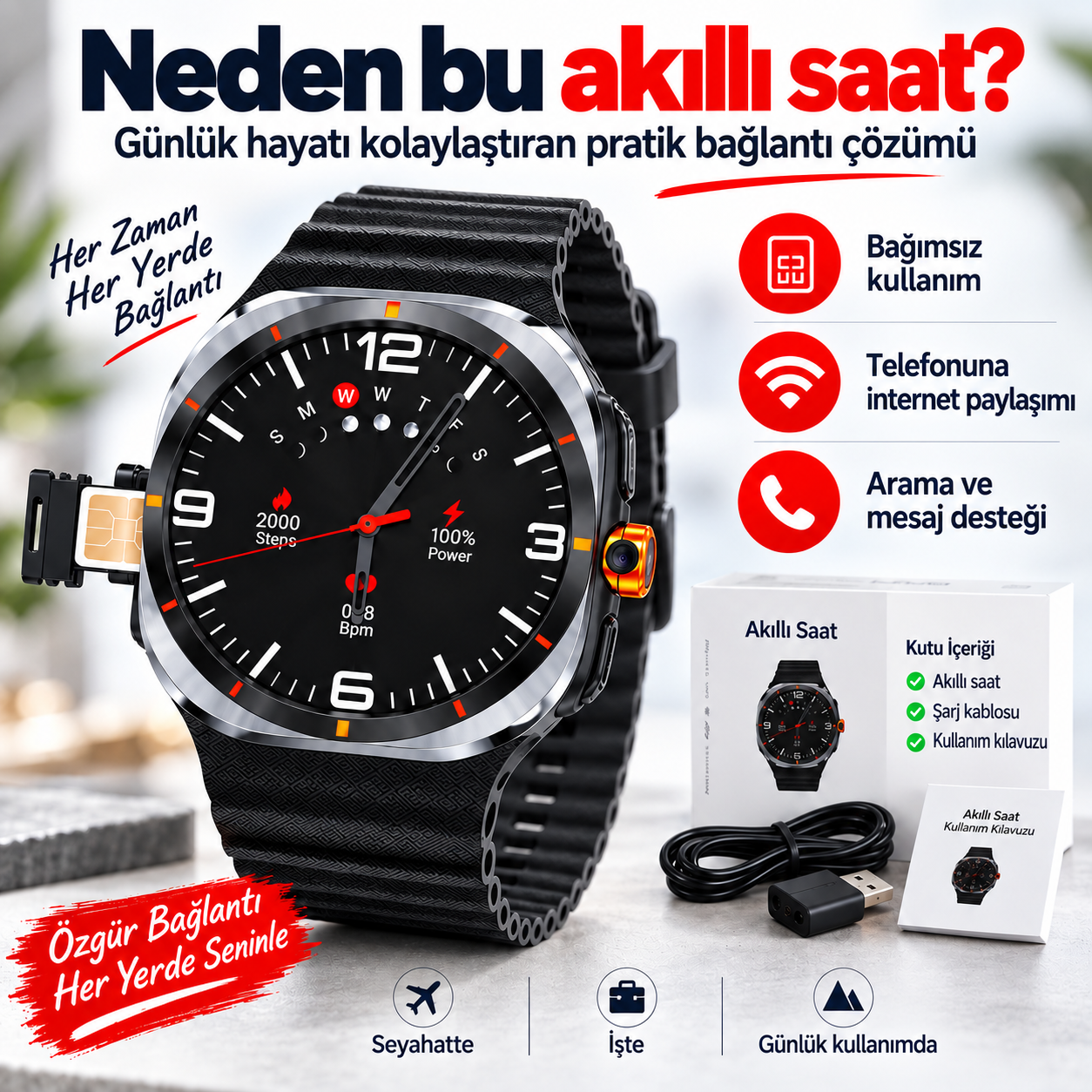 SIM Kartlı Akıllı Saat – Arama, Mesaj ve Wi-Fi İnternet Paylaşımı Yurt Dışı Telefon İçin SIM Kartlı Akıllı Saat