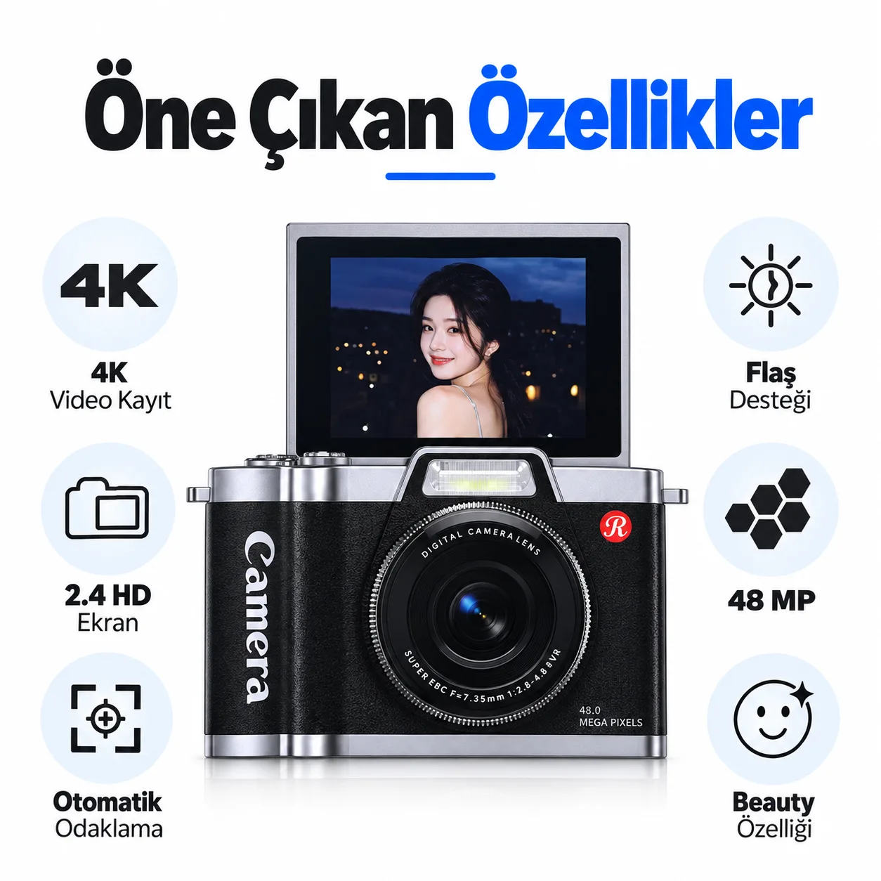 Retro Style 4K Dijital Kamera – 48 MP, 2.4 İnç HD Ekran, Otomatik Odaklama ve Flaş
