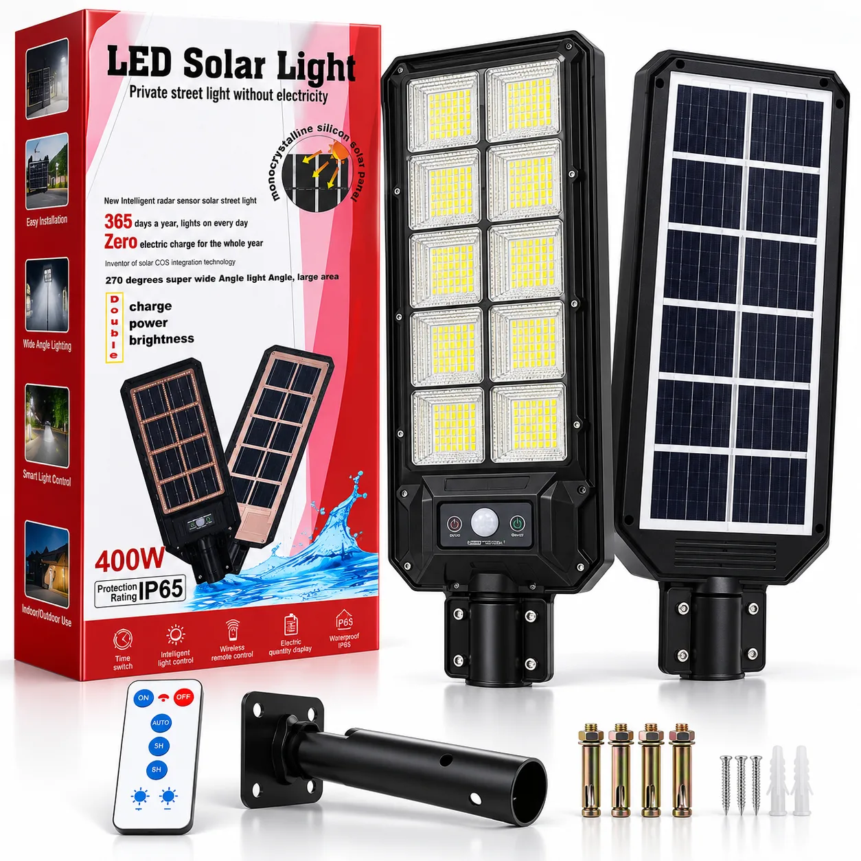400W Güneş Enerjili LED Solar Sokak Lambası – IP65, Hareket Sensörlü ve Kumandalı