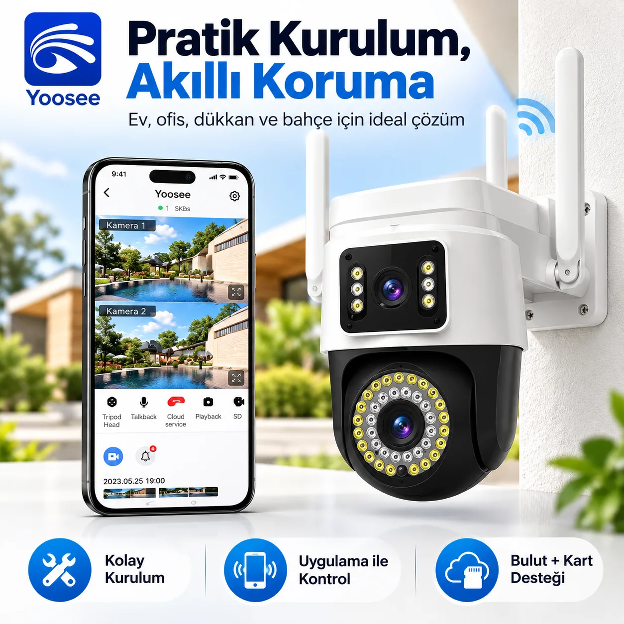 Yoosee WiFi Akıllı Güvenlik Kamerası – Çift Kameralı, 320° Döner, Gece Görüşlü Dış Mekan Kamera
