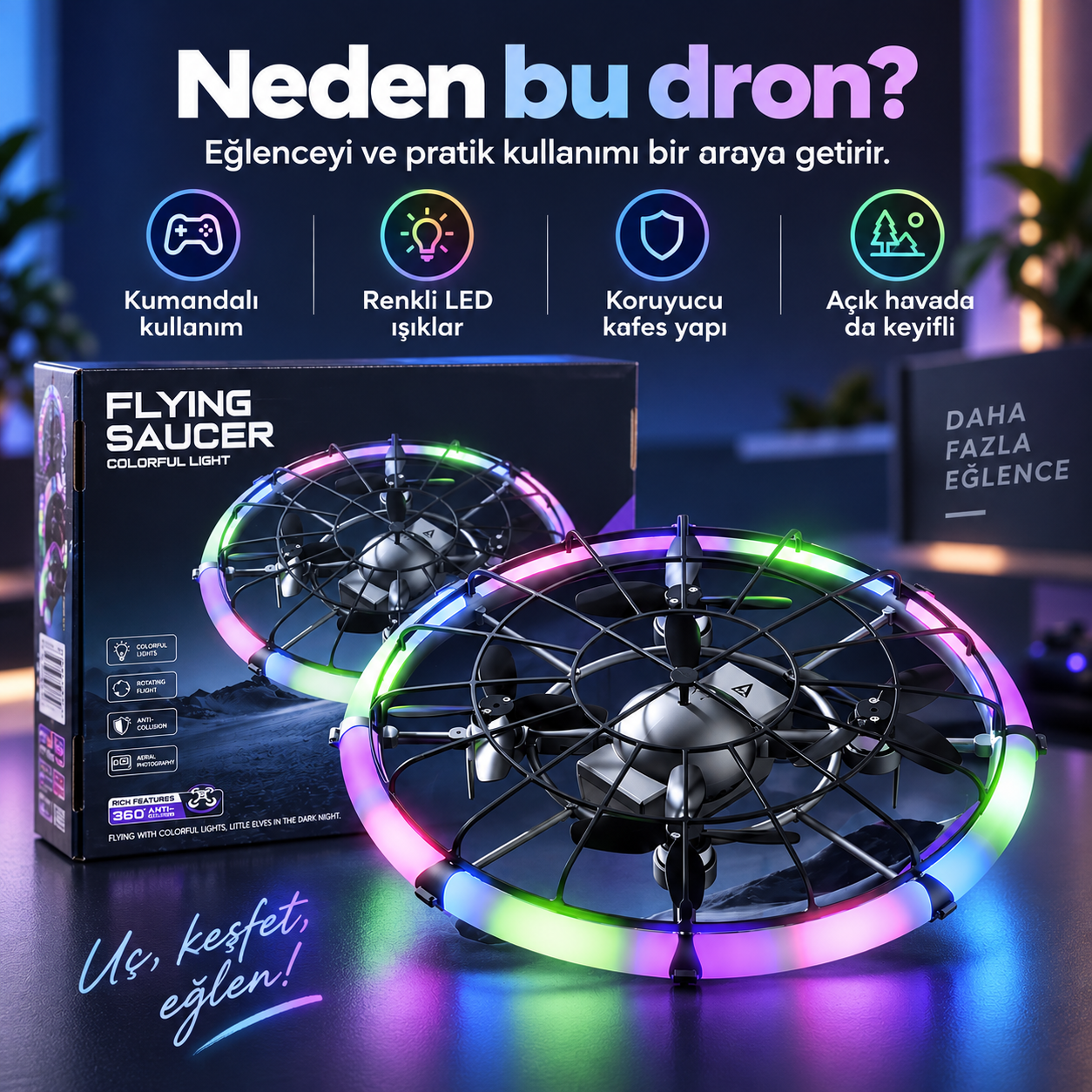 Flying Saucer Kumandalı Drone – Renkli LED Işıklı Koruyucu Kafesli Uçan Dron
