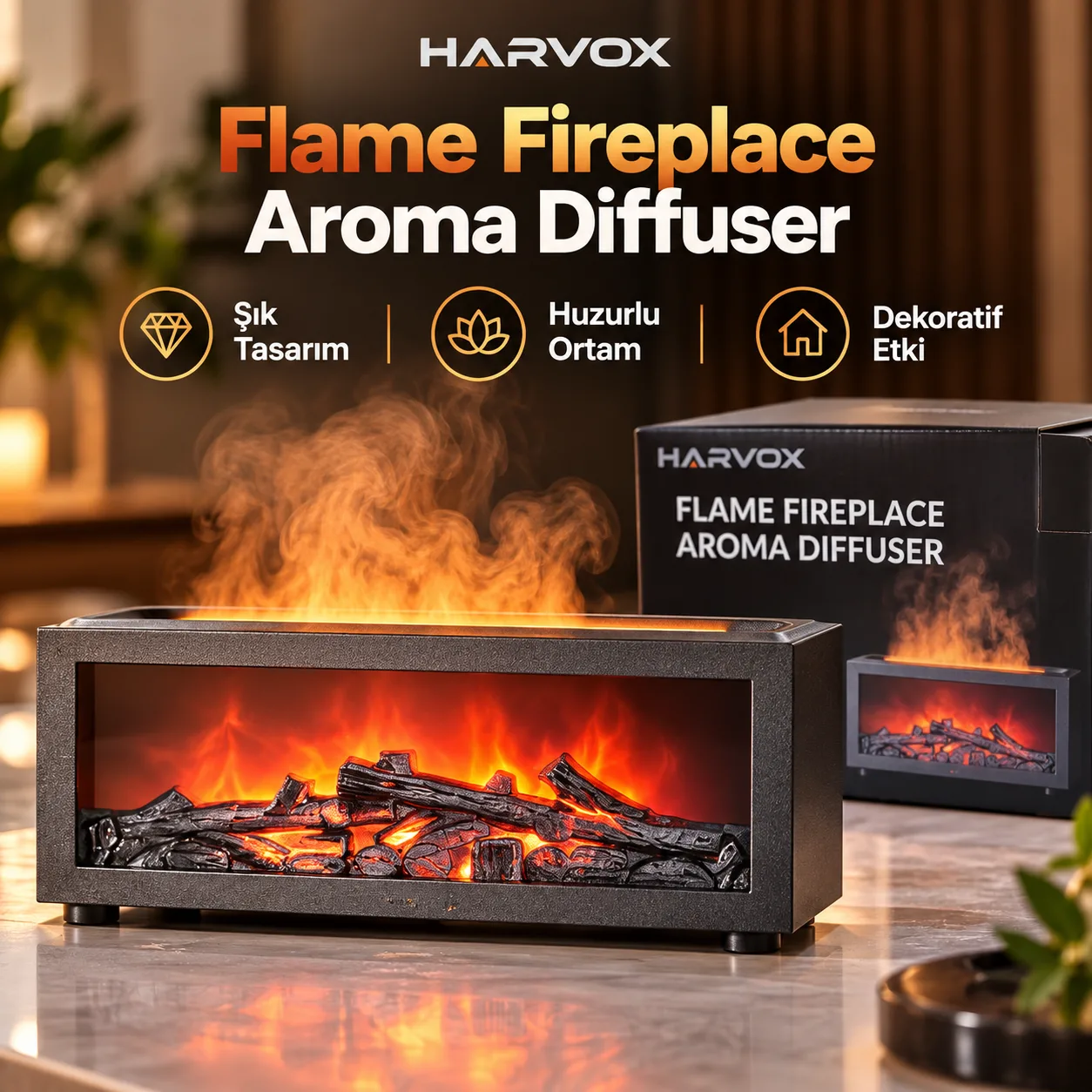 Harvox Alev Efektli Aroma Difüzör – Ultrasonik Hava Nemlendirici ve Aromaterapi Cihazı