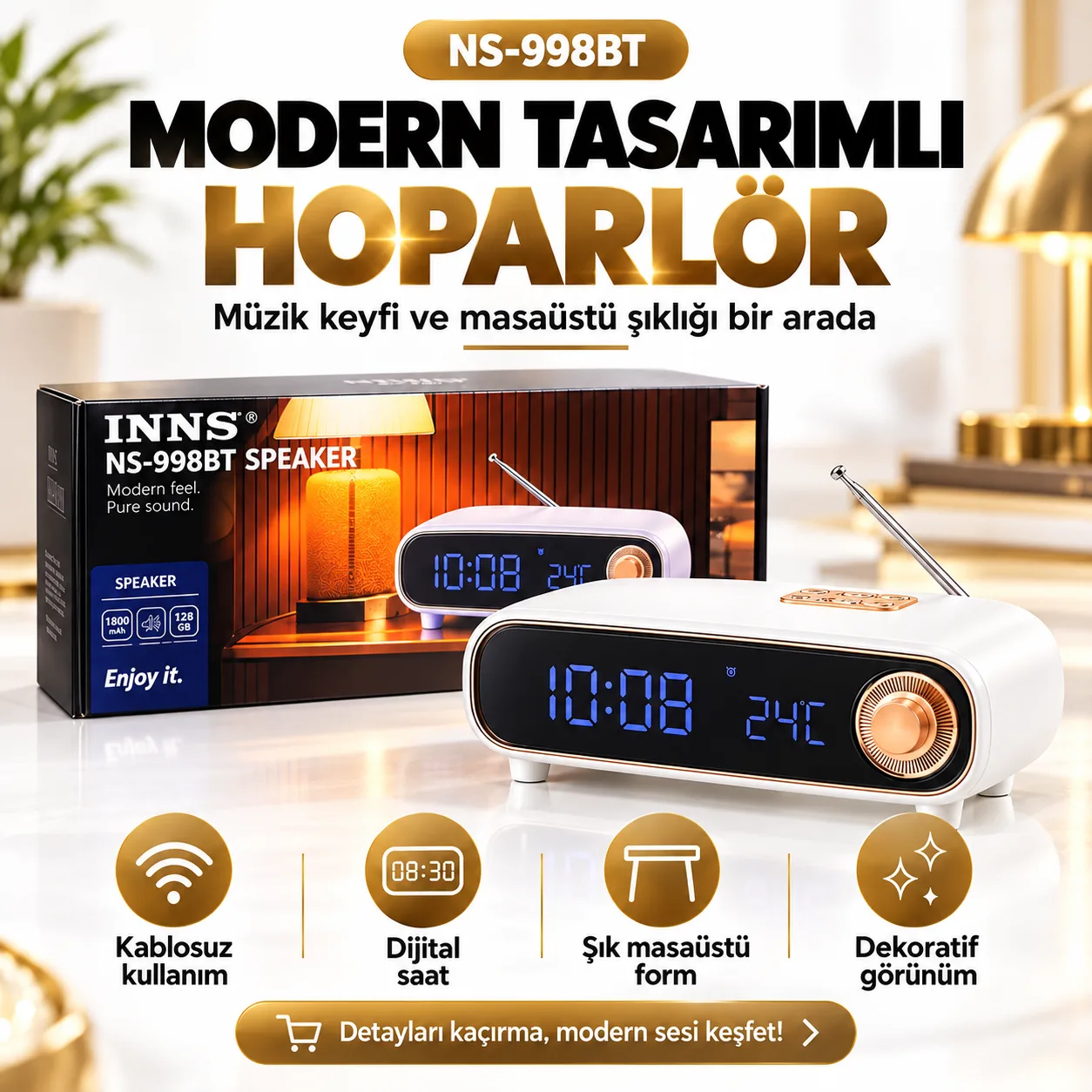 INNS NS-998BT Kablosuz Masaüstü Hoparlör – Dijital Saat Ekranı, FM Radyo ve 128 GB Kart Desteği