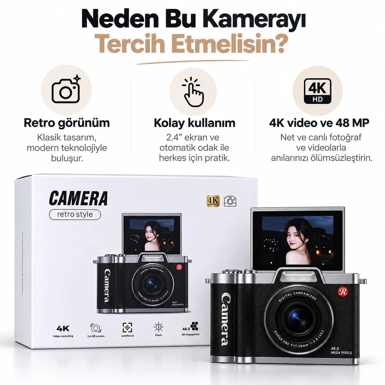 Retro Style 4K Dijital Kamera – 48 MP, 2.4 İnç HD Ekran, Otomatik Odaklama ve Flaş