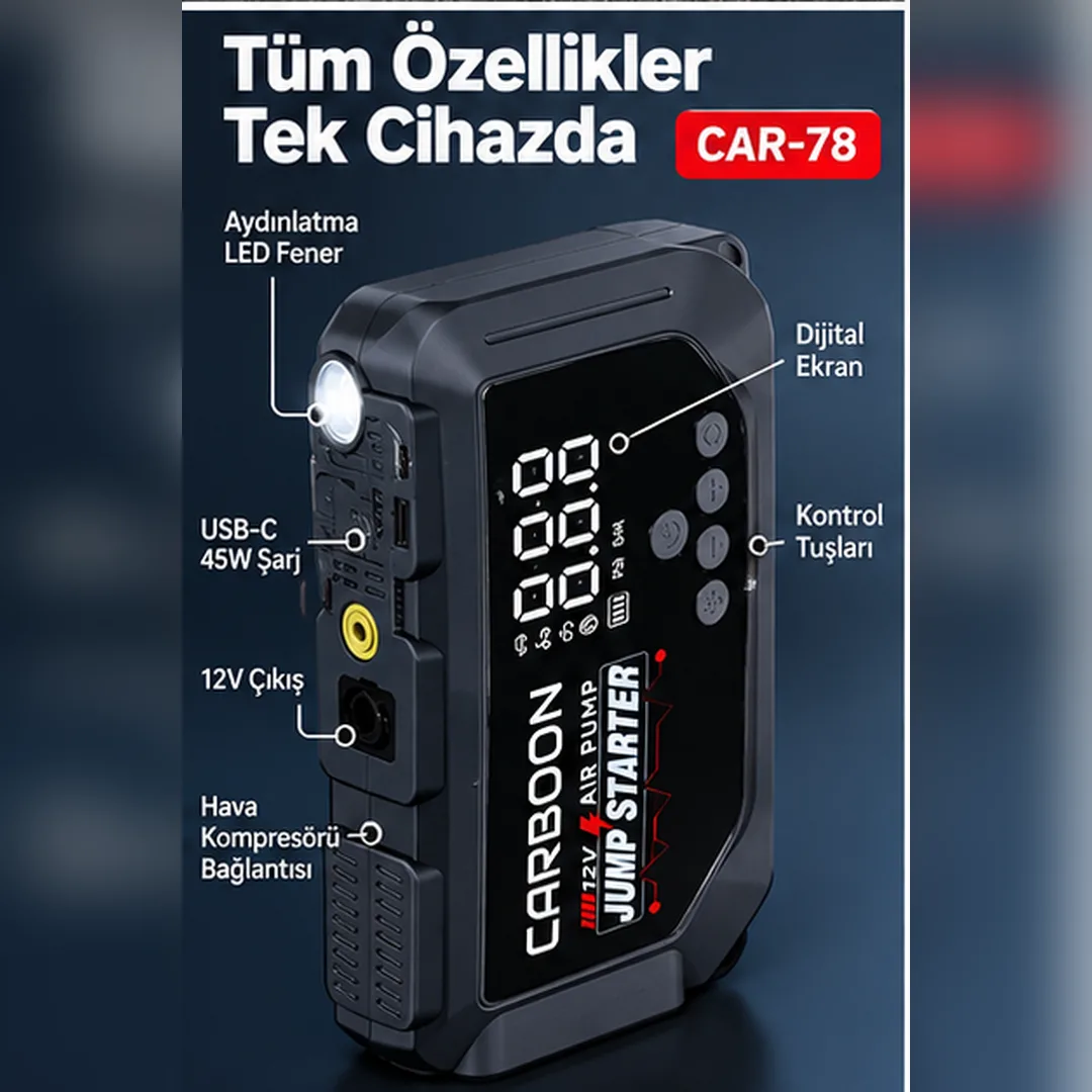Carboon CAR-78 Jump Starter ve Hava Kompresörü – 12.000 mAh Akü Takviye, 45W USB-C ve Dijital Lastik Şişirme
