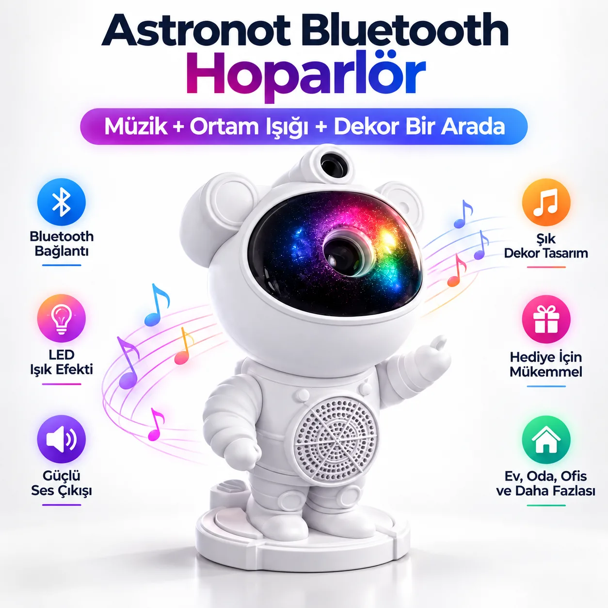 Astronot Bluetooth Hoparlörlü Gece Lambası – LED Işıklı