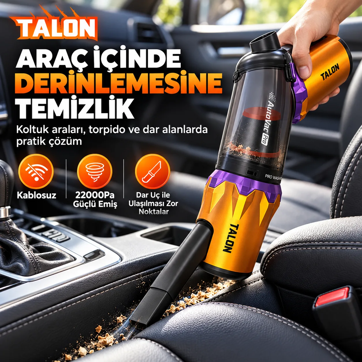 Talon TNV5 AutoVac Pro Kablosuz Araç Süpürgesi ve Hava Üfleyici – 22.000 Pa, Brushless Motor, 3 Kademeli